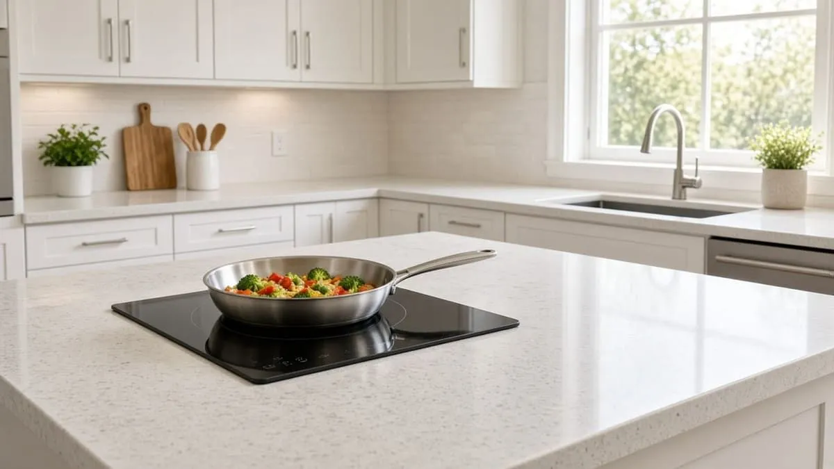 Portable induction cooktop on a College Station kitchen counter with a skillet of vegetables