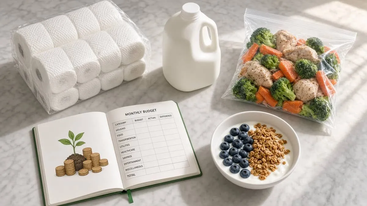 Warehouse club stock-up groceries and savings booklet on a kitchen counter