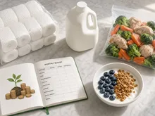 Warehouse club stock-up groceries and savings booklet on a kitchen counter