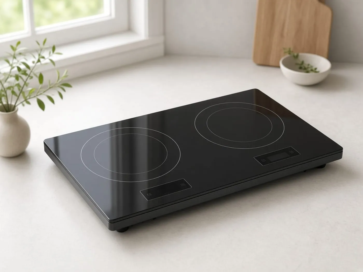 Portable dual-burner induction cooktop on a kitchen counter