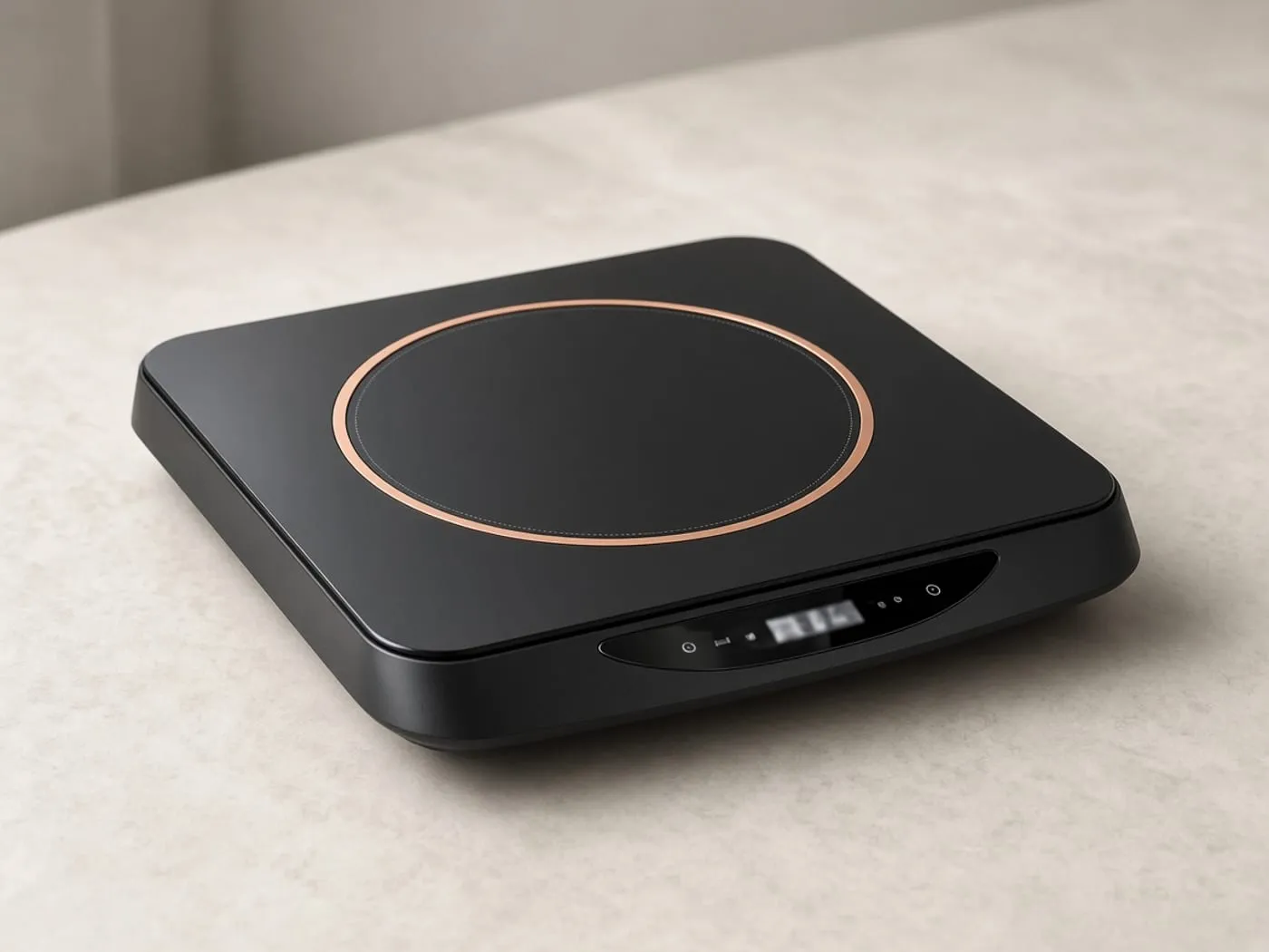 Portable single-burner induction cooktop on a kitchen counter