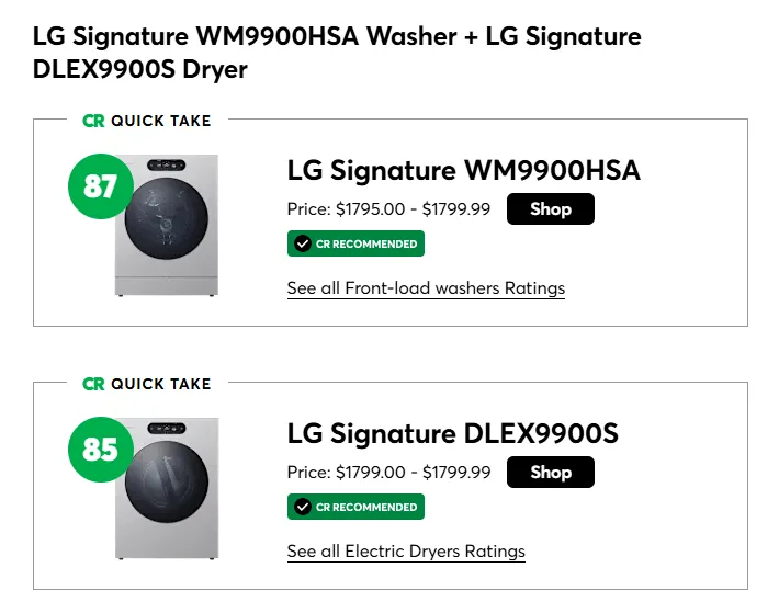 Consumer Reports ratings for LG SIGNATURE WM9900HSA washer and DLEX9900S dryer, both CR Recommended