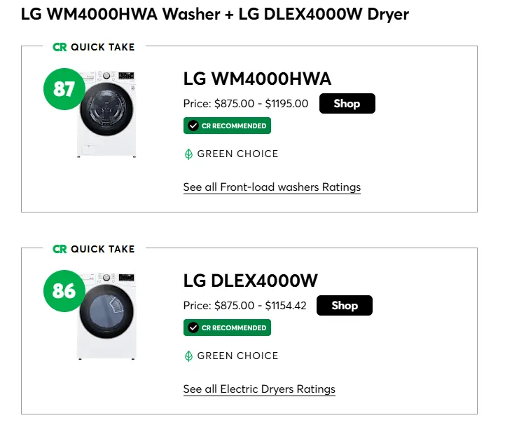 Consumer Reports ratings for LG WM4000HWA washer and DLEX4000W dryer, both CR Recommended