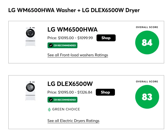 Consumer Reports ratings for LG WM6500HWA washer and DLEX6500W dryer, both CR Recommended