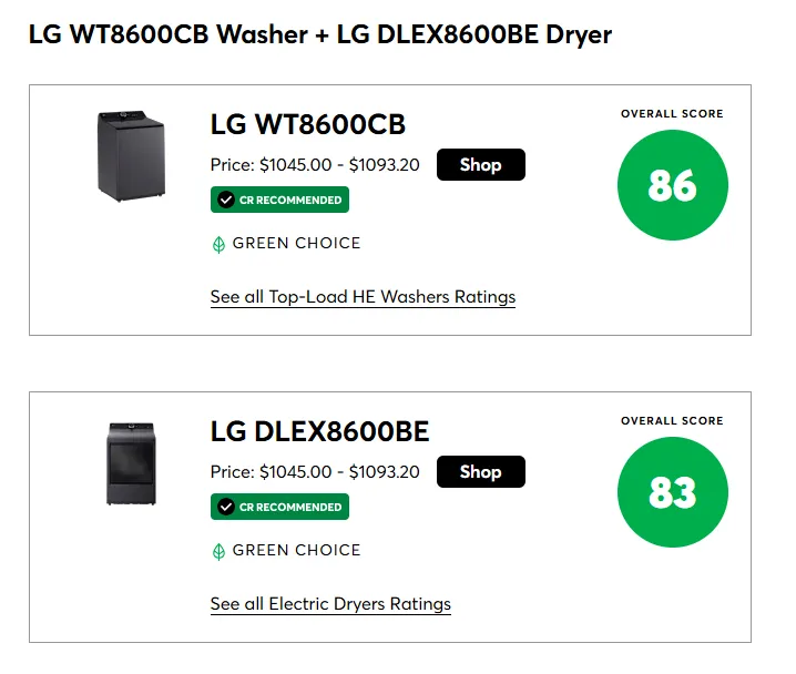 Consumer Reports ratings for LG WT8600CB top-load washer and DLEX8600BE dryer, both CR Recommended