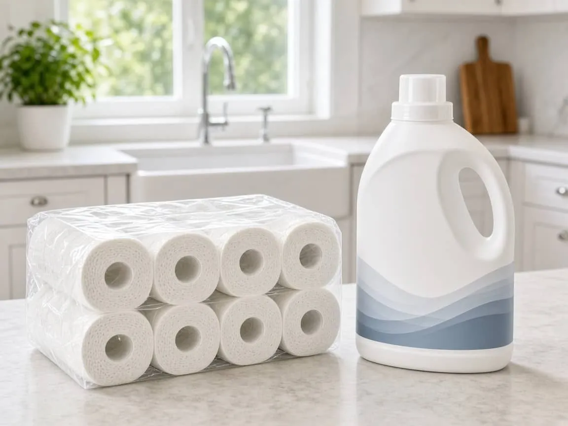 Bulk paper towels and laundry detergent on a kitchen counter