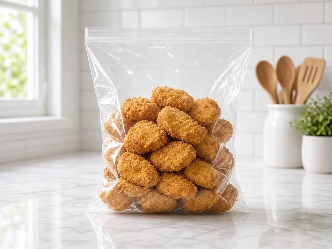 Bulk frozen chicken nuggets in a clear bag on a kitchen counter
