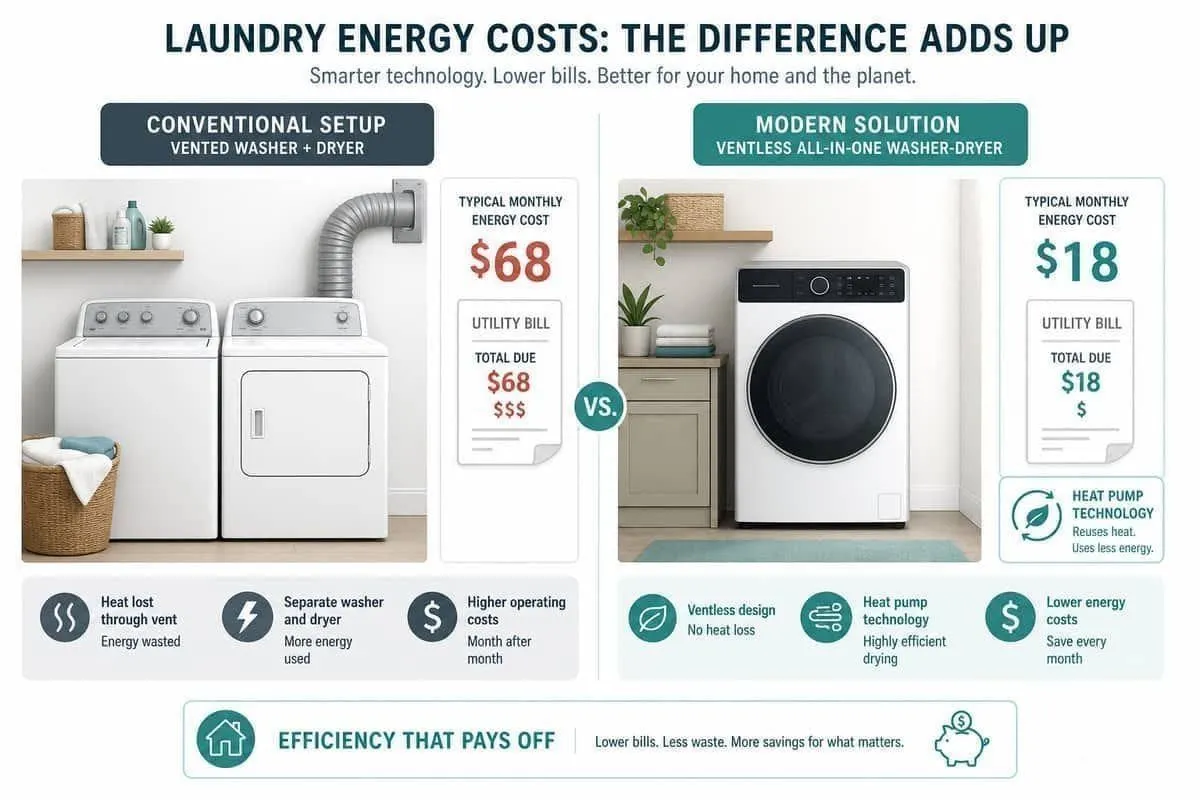 Illustration comparing conventional laundry energy cost to a heat-pump all-in-one combo