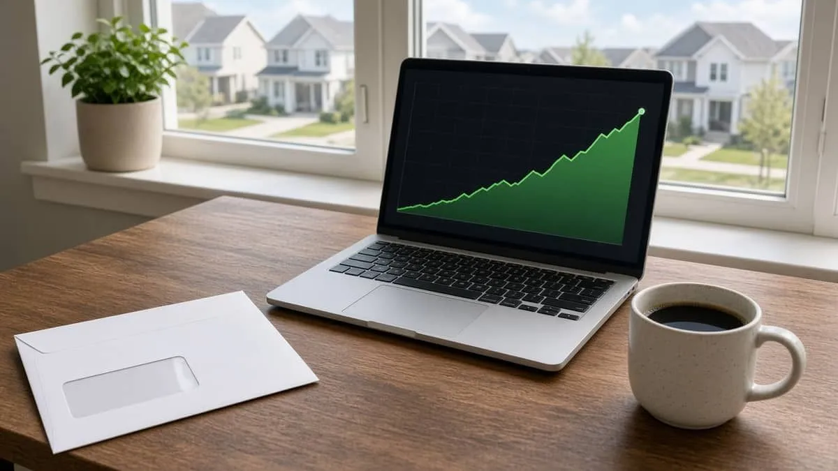Laptop energy chart and utility bill envelope on a Bryan–College Station kitchen table