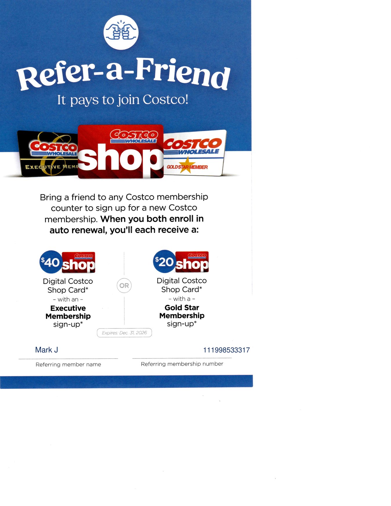 Filled Costco Refer-a-Friend flyer for Mark J